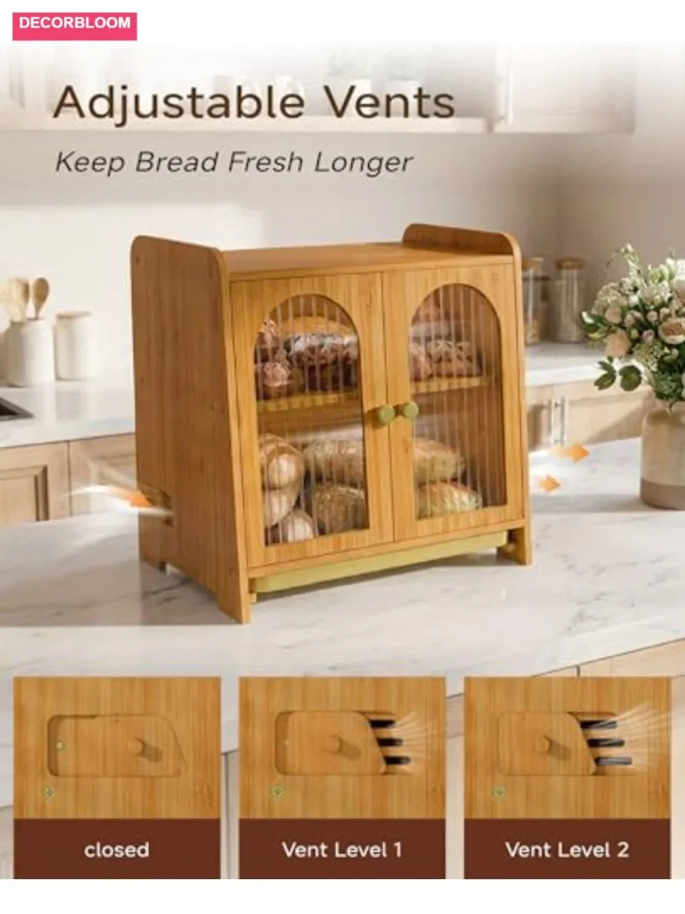 Double Layer Bamboo Bread Box with Acrylic Window and Cutting Board